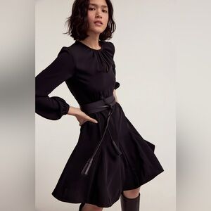 Ann Taylor Womens Crew Neck Long Sleeve Gathered A-Line Belted Dress Black XS